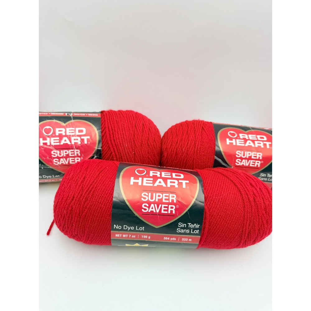 Red Heart Super Saver Yarn Cherry Red 0319 Worsted Acrylic 7oz 3 Skeins Lot